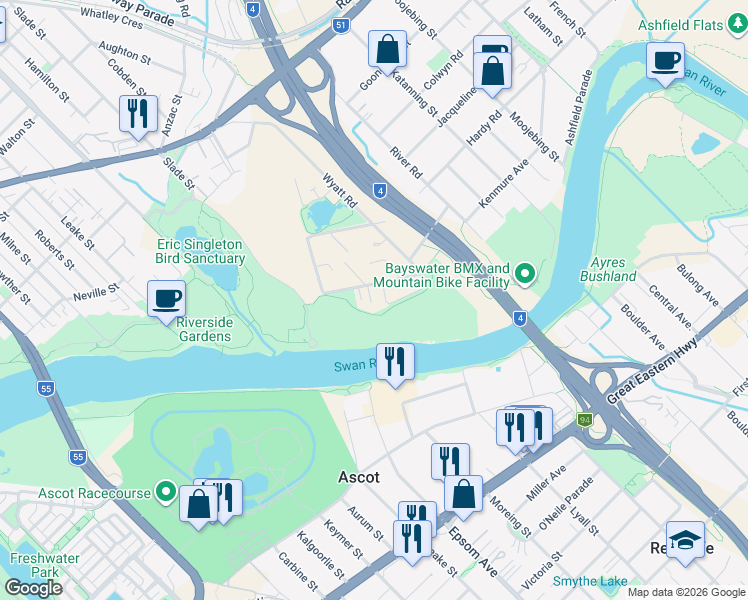 map of restaurants, bars, coffee shops, grocery stores, and more near 46 Wright Crescent in Bayswater