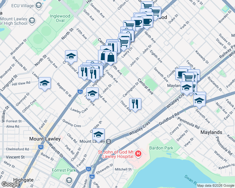 map of restaurants, bars, coffee shops, grocery stores, and more near 38 Third Avenue in Mount Lawley