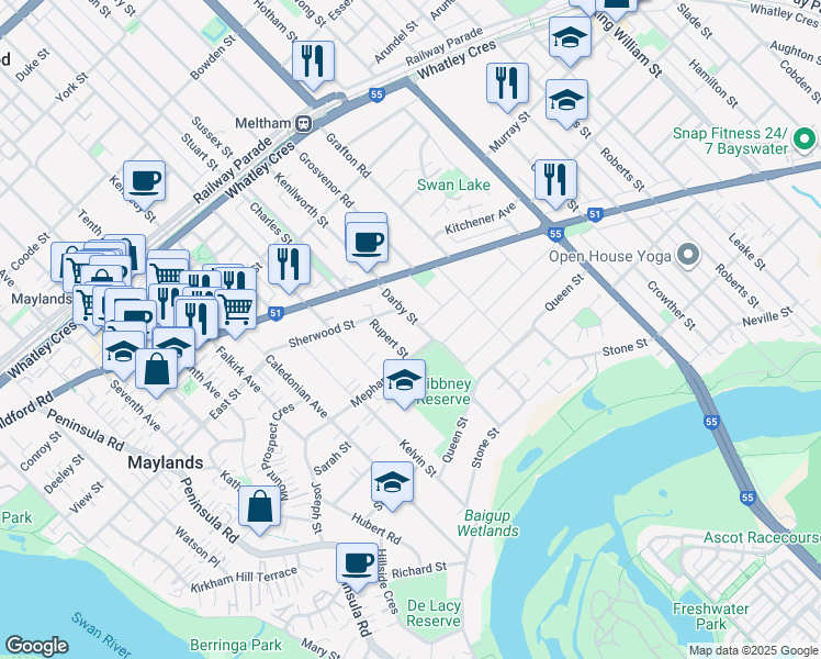 map of restaurants, bars, coffee shops, grocery stores, and more near 10 Darby Street in Maylands