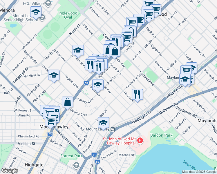 map of restaurants, bars, coffee shops, grocery stores, and more near 48 Second Avenue in Mount Lawley