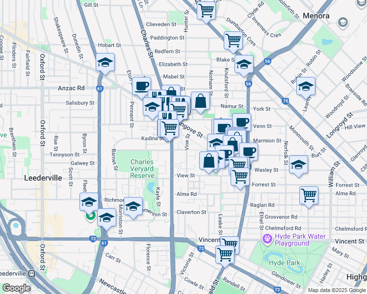 map of restaurants, bars, coffee shops, grocery stores, and more near 34 Albert Street in North Perth