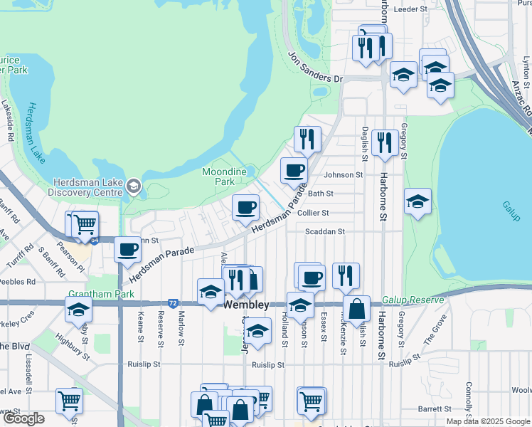 map of restaurants, bars, coffee shops, grocery stores, and more near 71 Herdsman Parade in Wembley