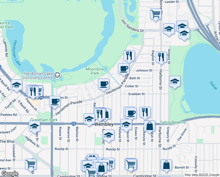 map of restaurants, bars, coffee shops, grocery stores, and more near 75 Herdsman Parade in Wembley
