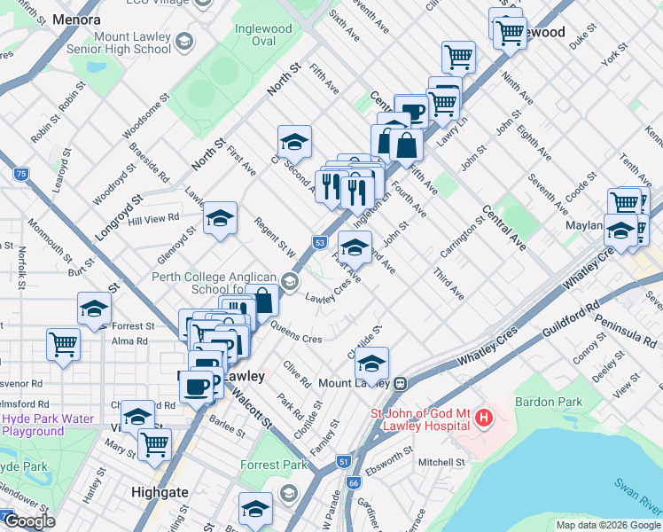 map of restaurants, bars, coffee shops, grocery stores, and more near 57 First Avenue in Mount Lawley