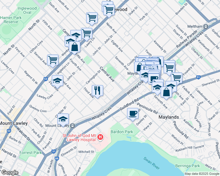 map of restaurants, bars, coffee shops, grocery stores, and more near 34 Coode Street in Mount Lawley