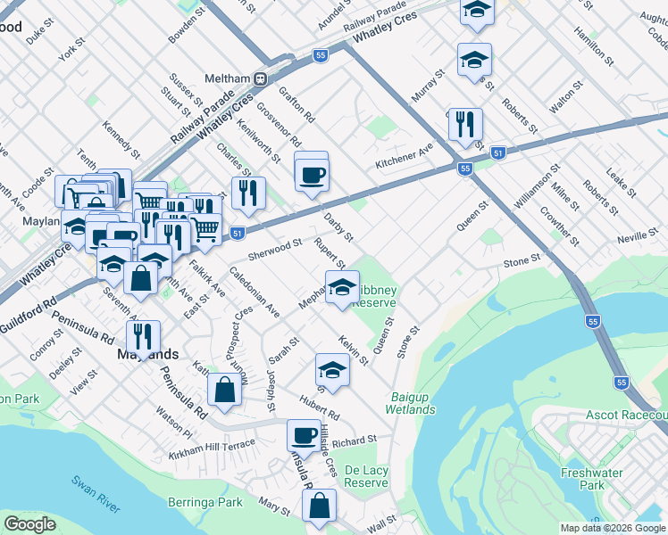 map of restaurants, bars, coffee shops, grocery stores, and more near 1 Rupert Street in Maylands