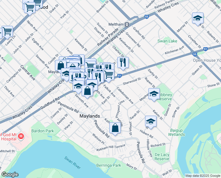 map of restaurants, bars, coffee shops, grocery stores, and more near 22 Falkirk Avenue in Maylands