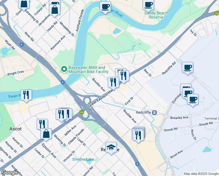 map of restaurants, bars, coffee shops, grocery stores, and more near 58 Central Avenue in Ascot