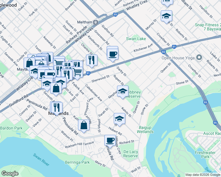 map of restaurants, bars, coffee shops, grocery stores, and more near 7 Ferguson Street in Maylands
