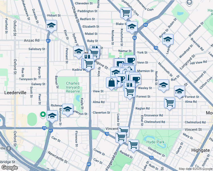 map of restaurants, bars, coffee shops, grocery stores, and more near 7 Peach Street in North Perth