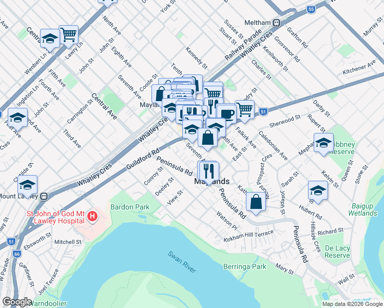 map of restaurants, bars, coffee shops, grocery stores, and more near 39 Seventh Avenue in Maylands