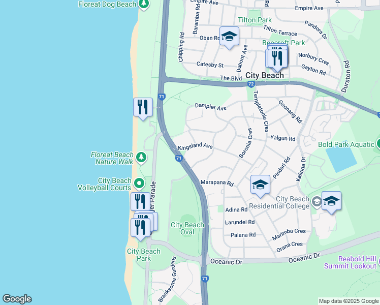 map of restaurants, bars, coffee shops, grocery stores, and more near 37 Kingsland Avenue in City Beach