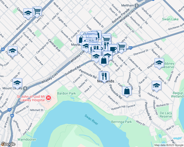 map of restaurants, bars, coffee shops, grocery stores, and more near 200 Peninsula Road in Maylands