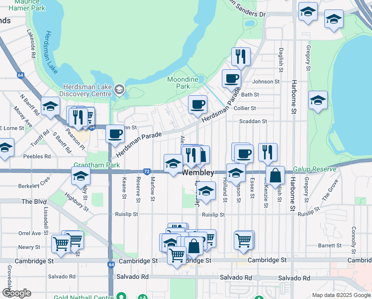 map of restaurants, bars, coffee shops, grocery stores, and more near 86 Alexander Street in Wembley