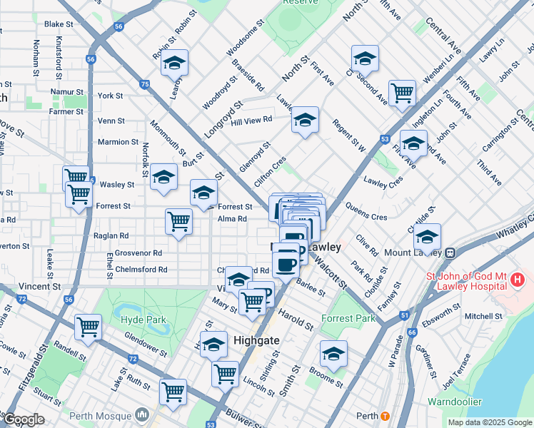 map of restaurants, bars, coffee shops, grocery stores, and more near 105 Walcott Street in Mount Lawley