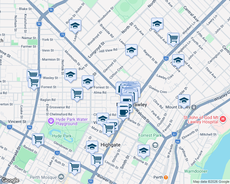 map of restaurants, bars, coffee shops, grocery stores, and more near 2 Alma Road in Mount Lawley
