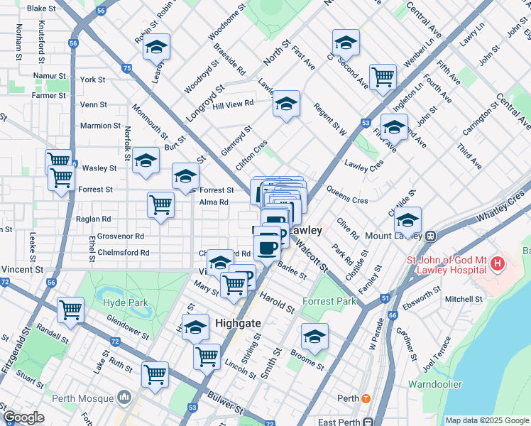 map of restaurants, bars, coffee shops, grocery stores, and more near 87 Walcott Street in Mount Lawley