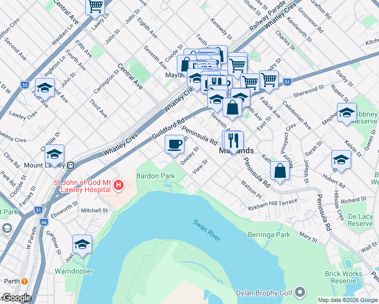 map of restaurants, bars, coffee shops, grocery stores, and more near 6 Deeley Street in Maylands