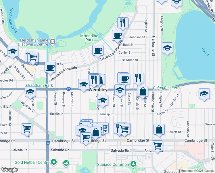 map of restaurants, bars, coffee shops, grocery stores, and more near 68 Pangbourne Street in Wembley