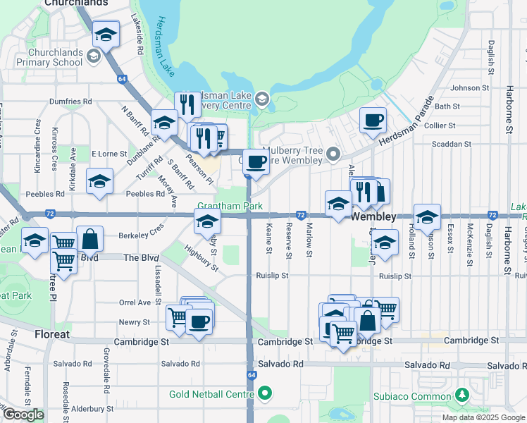 map of restaurants, bars, coffee shops, grocery stores, and more near 61 Keane Street in Wembley
