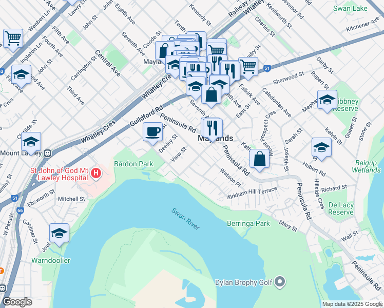 map of restaurants, bars, coffee shops, grocery stores, and more near 11 Central Avenue in Maylands