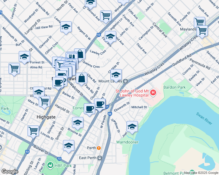 map of restaurants, bars, coffee shops, grocery stores, and more near 42 Farnley Street in Mount Lawley
