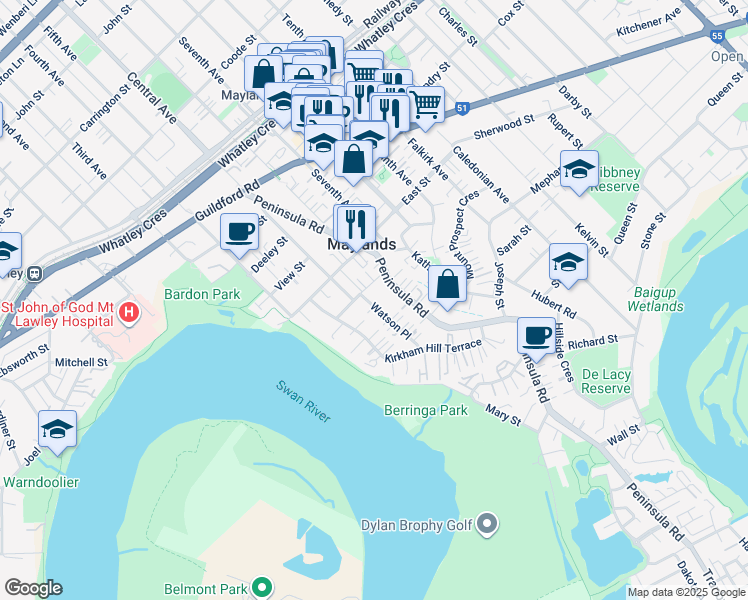 map of restaurants, bars, coffee shops, grocery stores, and more near 32 Watson Place in Maylands