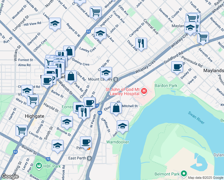map of restaurants, bars, coffee shops, grocery stores, and more near 32 Whatley Crescent in Mount Lawley