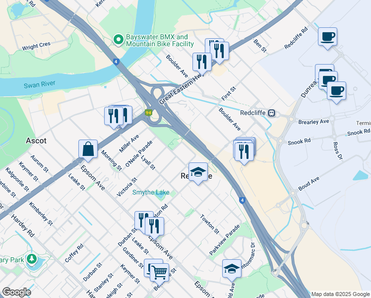 map of restaurants, bars, coffee shops, grocery stores, and more near 9B Greenshields Way in Redcliffe