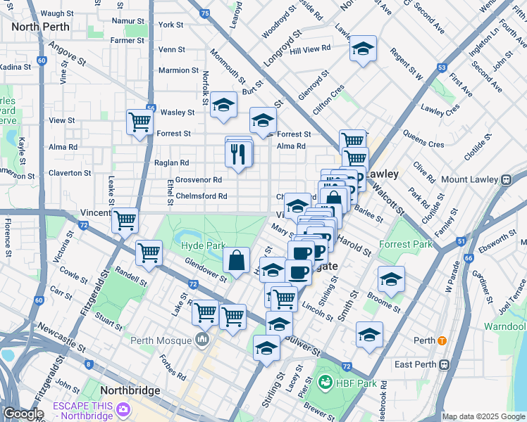 map of restaurants, bars, coffee shops, grocery stores, and more near 537 William Street in Mount Lawley
