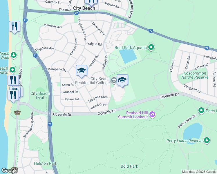 map of restaurants, bars, coffee shops, grocery stores, and more near 21 Kalinda Drive in City Beach