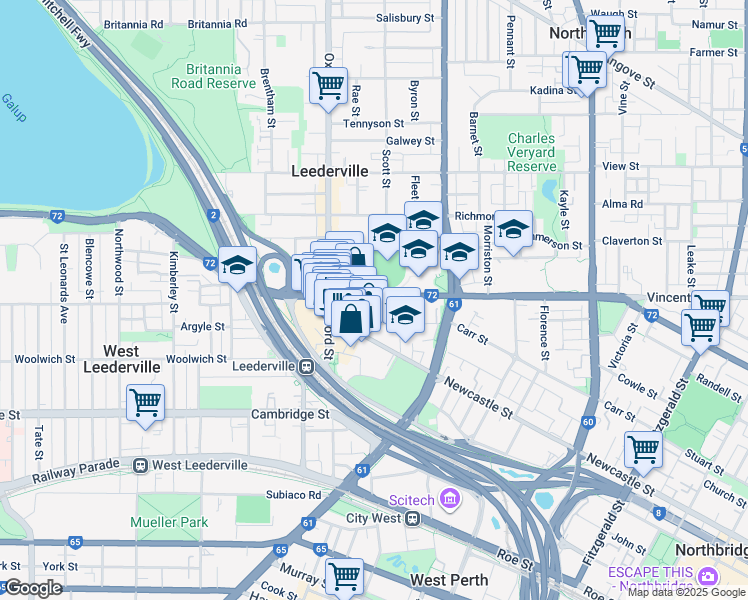 map of restaurants, bars, coffee shops, grocery stores, and more near 287 Vincent Street in Leederville