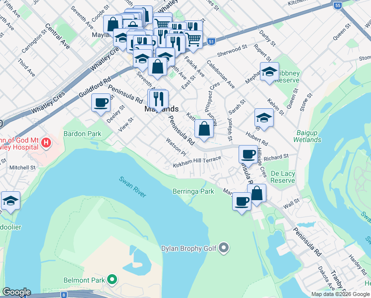 map of restaurants, bars, coffee shops, grocery stores, and more near 12 Watson Place in Maylands