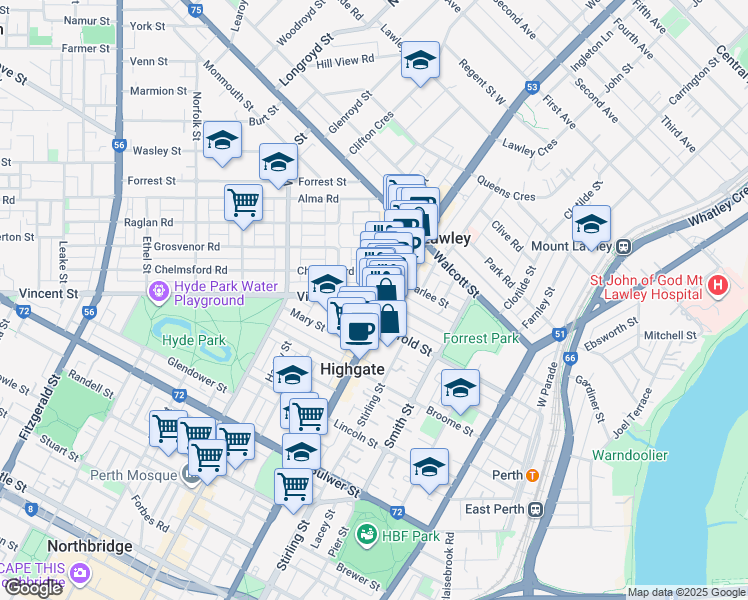 map of restaurants, bars, coffee shops, grocery stores, and more near 3 Vincent Street in Mount Lawley