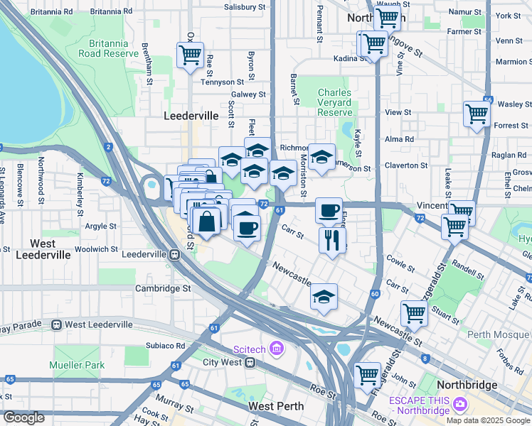 map of restaurants, bars, coffee shops, grocery stores, and more near 170 Carr Place in Leederville