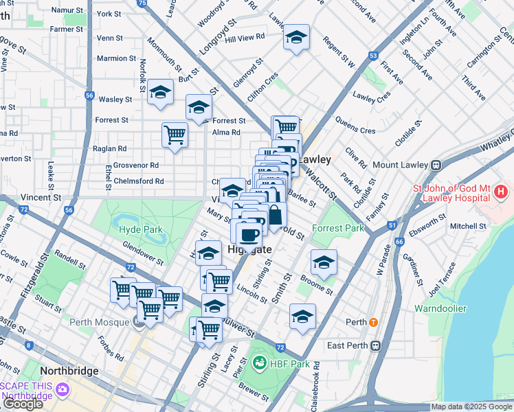 map of restaurants, bars, coffee shops, grocery stores, and more near 7 Vincent Street in Mount Lawley