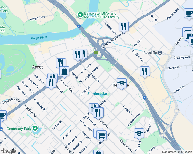 map of restaurants, bars, coffee shops, grocery stores, and more near 38 Victoria Street in Redcliffe