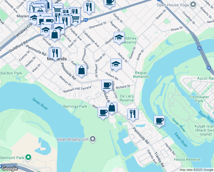 map of restaurants, bars, coffee shops, grocery stores, and more near 88 Peninsula Road in Maylands