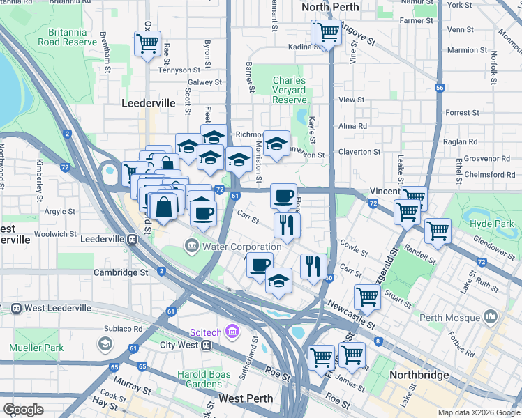 map of restaurants, bars, coffee shops, grocery stores, and more near 128 Carr Street in West Perth