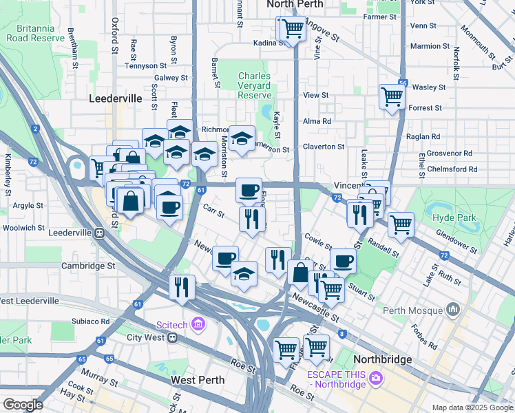 map of restaurants, bars, coffee shops, grocery stores, and more near 37 Florence Street in West Perth
