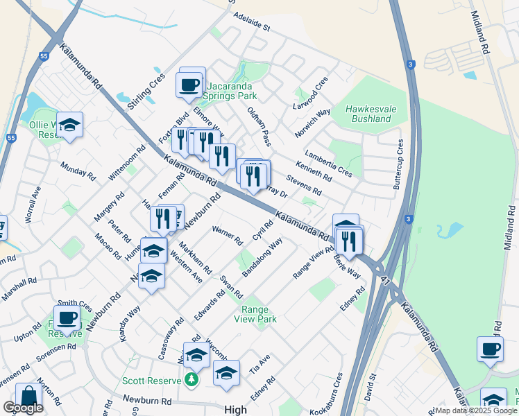 map of restaurants, bars, coffee shops, grocery stores, and more near 485 Kalamunda Road in High Wycombe