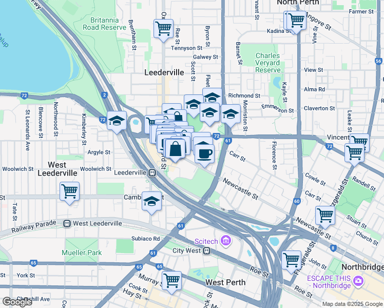 map of restaurants, bars, coffee shops, grocery stores, and more near 201 Carr Place in Leederville