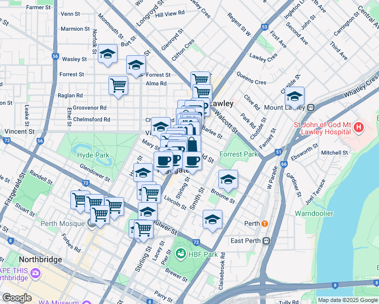 map of restaurants, bars, coffee shops, grocery stores, and more near 153 Harold Street in Highgate