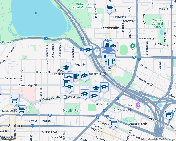 map of restaurants, bars, coffee shops, grocery stores, and more near 54 Woolwich Street in West Leederville