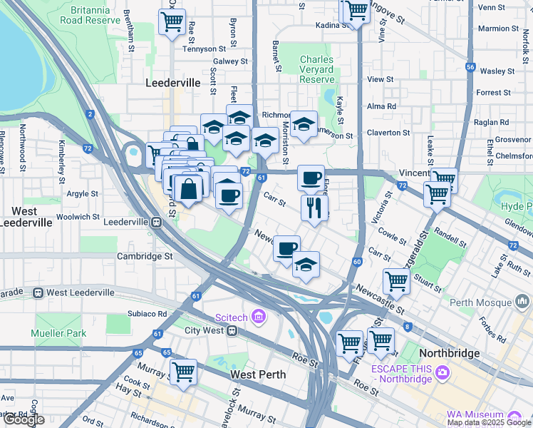 map of restaurants, bars, coffee shops, grocery stores, and more near 50 Kingston Avenue in West Perth