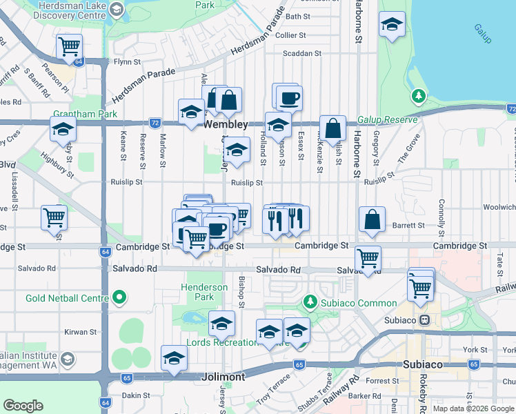 map of restaurants, bars, coffee shops, grocery stores, and more near 21 Holland Street in Wembley