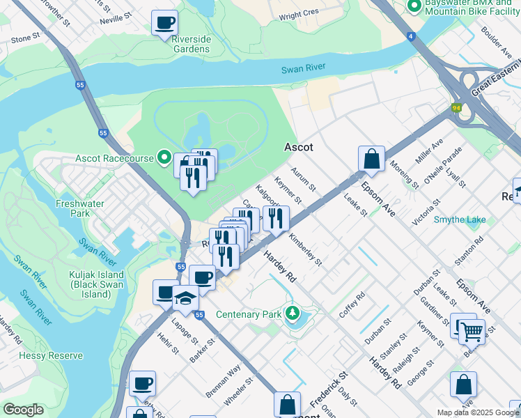 map of restaurants, bars, coffee shops, grocery stores, and more near 9 Carbine Street in Ascot