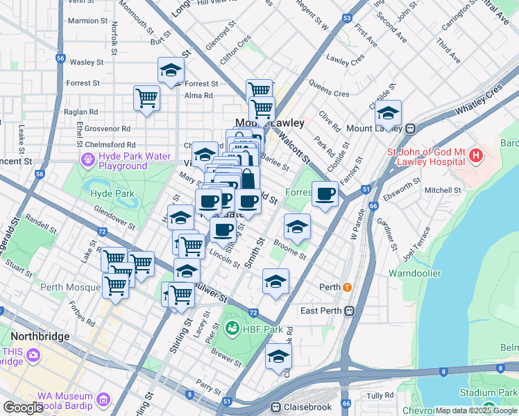 map of restaurants, bars, coffee shops, grocery stores, and more near 386 Stirling Street in Highgate