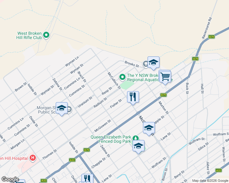 map of restaurants, bars, coffee shops, grocery stores, and more near Radium Street in Broken Hill