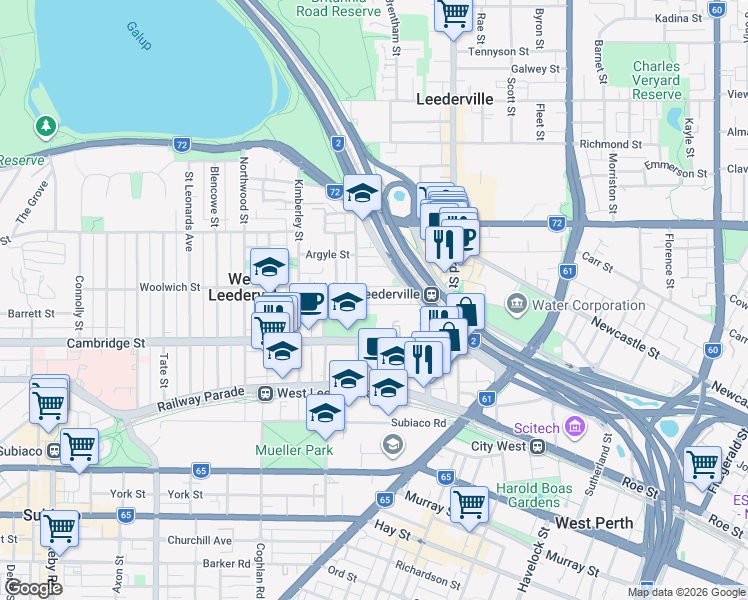 map of restaurants, bars, coffee shops, grocery stores, and more near 134B Tower Street in West Leederville